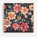 Obraz w ramie 50x50 - Labirynty melancholii - akwarelowe, pastelowe kwiaty na czarnym tle - rama drewno