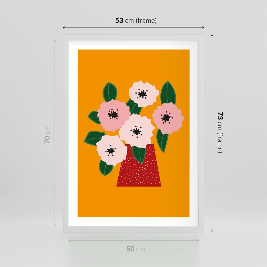 Plakat w ramie 50x70 - Harmonijne Granice - abstrakcyjne kwiaty, żółte tło - rama biała