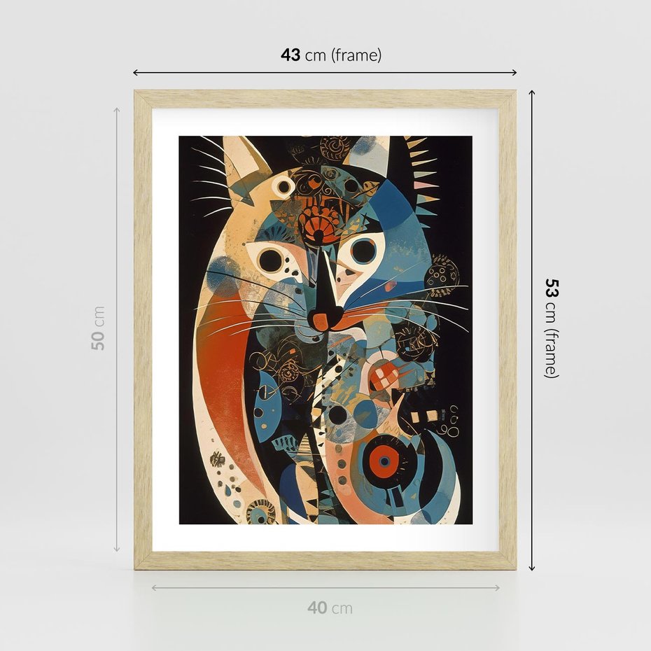 Plakat w ramie 40x50 - Księga Surrealnych Wymiarów - abstrakcyjny obraz olejny, kot - rama drewno
