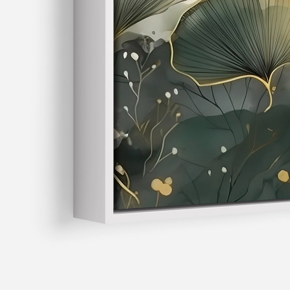 Obraz w ramie 70x100 - Natura w Złotym Odcieniu - złote elementy, liście miłorzębu japońskiego - rama biała