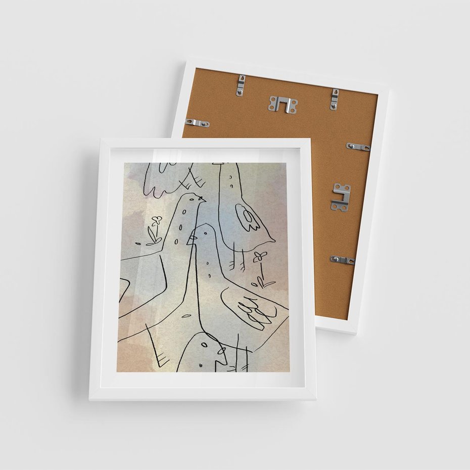 Plakat w ramie 40x50 - Strukturalna Gromada - abstrakcyjny plakat, szkic ptaków - rama biała