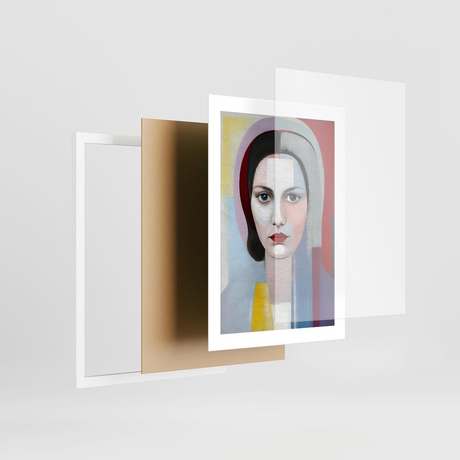 Plakat w ramie 30x40 - Kolorowe Granice Form - abstrakcyjny obraz olejny, portret twarzy kobiety - rama biała