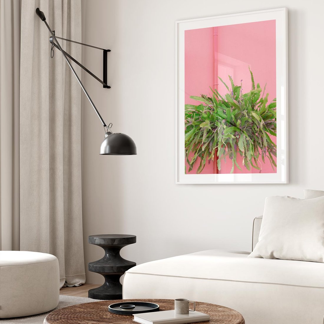 Plakat w ramie 50x70 - Fotografia Rośliny z Różowym Tłem - fotografia, zielona roślina na tle różwj ściany - rama biała