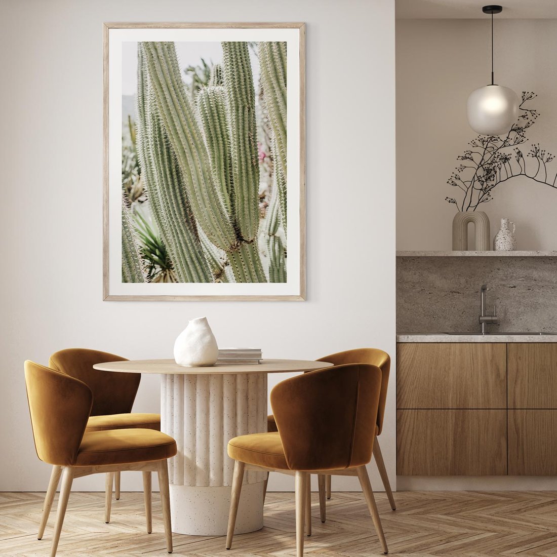 Plakat w ramie 50x70 - Duże Kaktusy w Pejzażu - kaktus, duże kaktusy na pustyni - rama drewno
