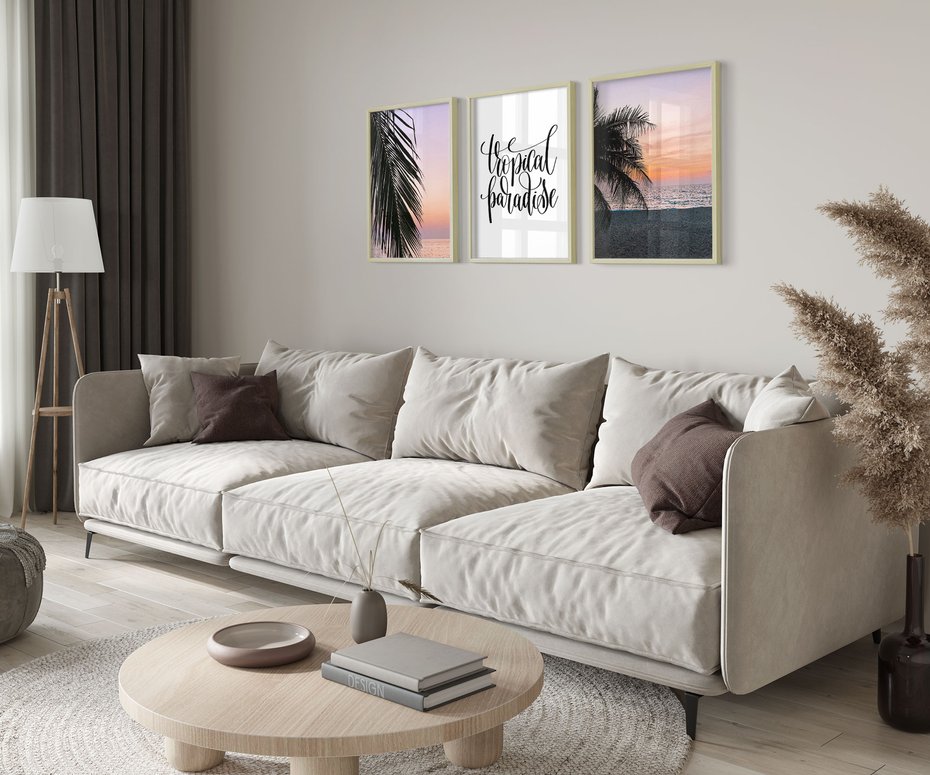 Zestaw obrazy w ramie 50x70 galeria - Tropikalne, palmy, zachód, słońca - rama drewno