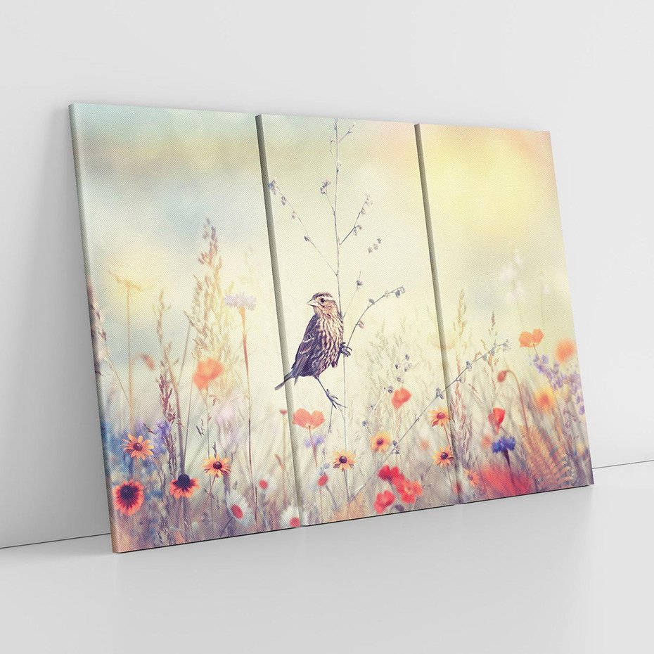 Obraz na płótnie 120x80 - Poranek wśród łąki - ptak, łąka