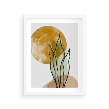 Plakat w ramie 50x70 - Światło Natury: Graficzne Liście i Złote Słońce - grafika, graficzne liście - rama biała