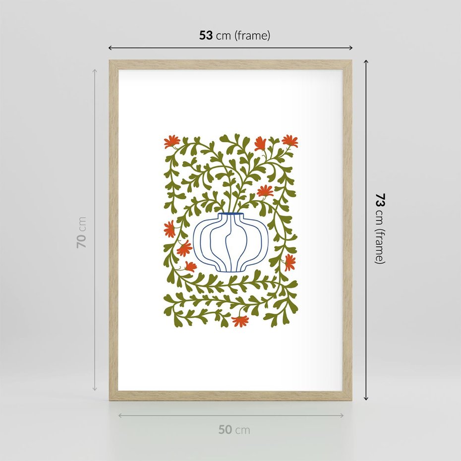 Plakat w ramie 50x70 - Wewnętrzne Fale - kwiaty w wazonie, minimalizm - rama drewno