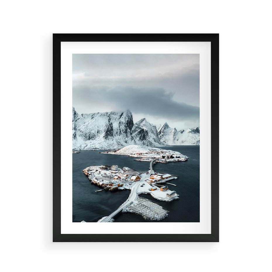 Plakat w ramie 40x50 - Ciepło i Urok Północy - skandynawskie, domki - rama czarna