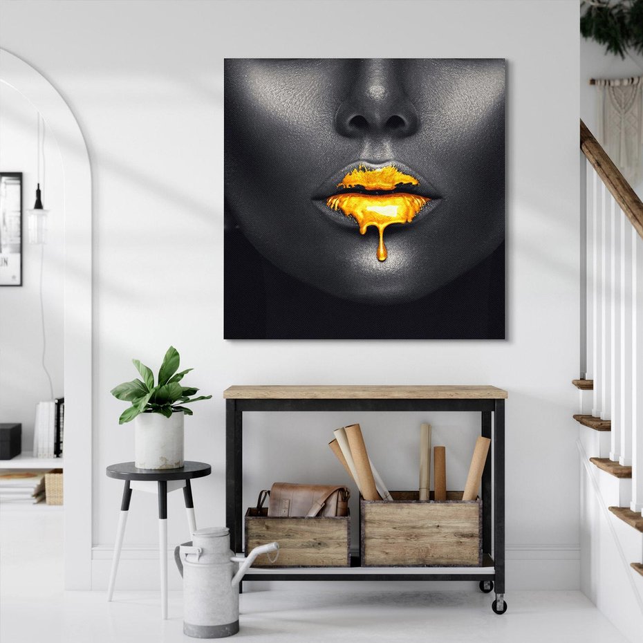 Obraz na płótnie 40x40 - Złote Usta Kobiety - złote, usta