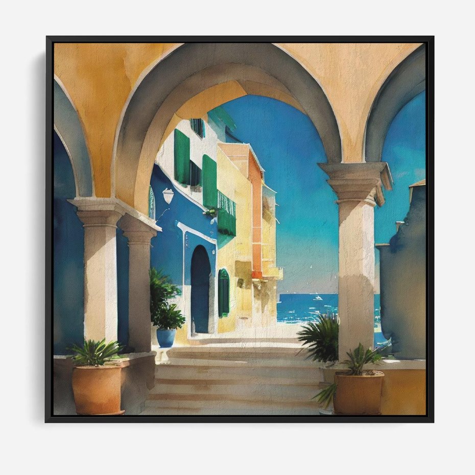 Obraz w ramie 50x50 - Nadmorskie Łuki - akwarela, śródziemnomorski klimat - rama czarna
