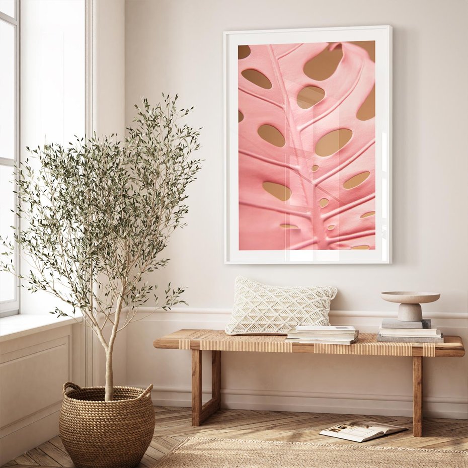 Plakat bez ramy 21x30 - Różowa monstera w pełnym rozkwicie - różowa, monstera