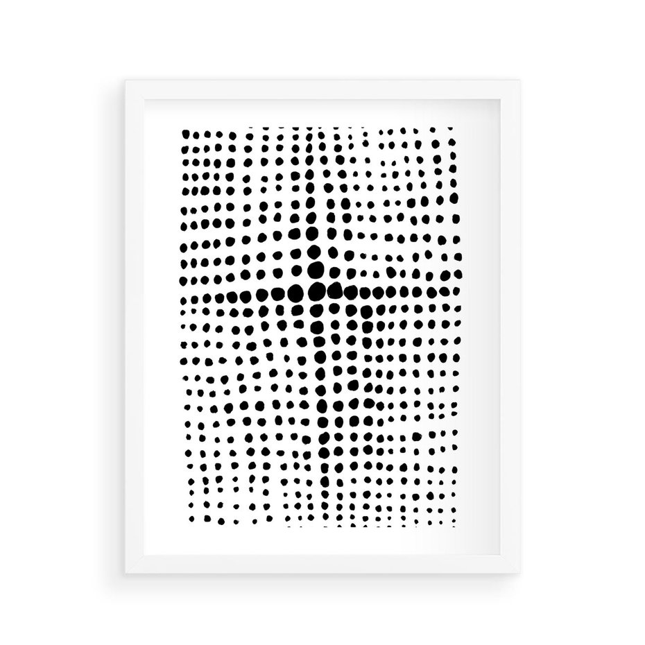 Plakat w ramie 40x50 - Refleksje Monochromatycznych Widoków - abstrakcyjna kompozycja z czarnych kropek, minimalistyczny czarno bialy plakat - rama biała