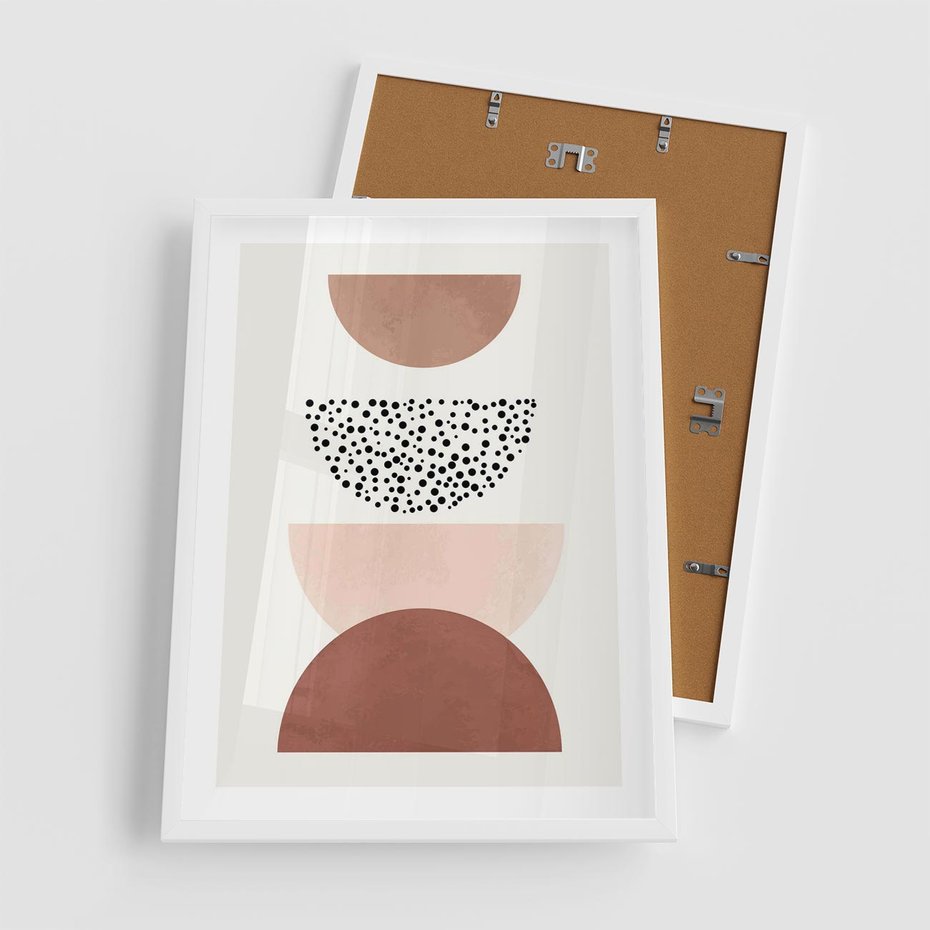 Plakat w ramie 50x70 - Geometryczna Harmonia w Brązach i Beżach - geometryczne kształty, brązy i beże - rama biała