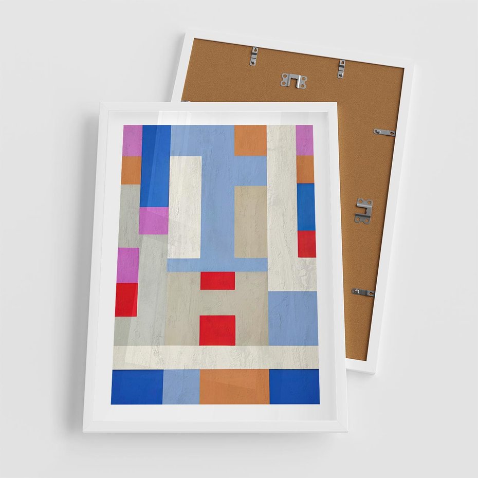 Plakat w ramie 50x70 - Bezczasowe Przenikanie Kształtów - abstrakcyjne geometryczne kształty, olejny obraz - rama biała