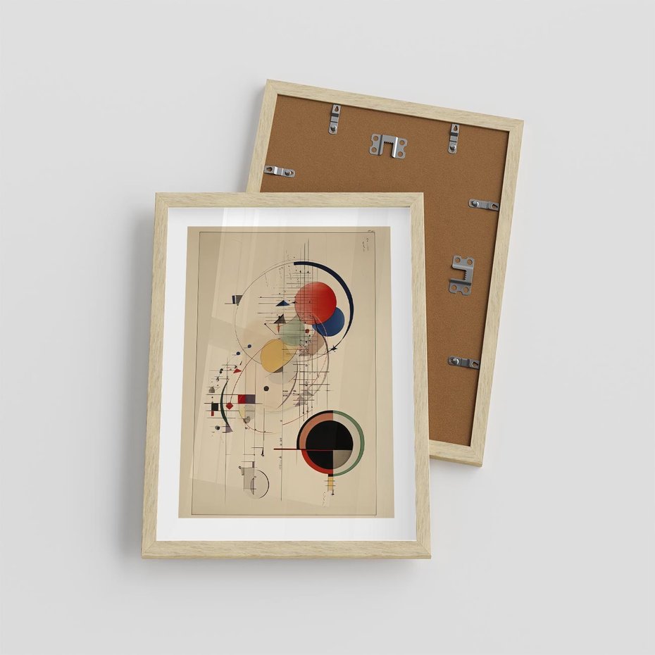 Plakat w ramie 30x40 - Impulsy Wydobyte z Cienia - abstrakcyjna geometryczna kompozycja, koła linie - rama drewno