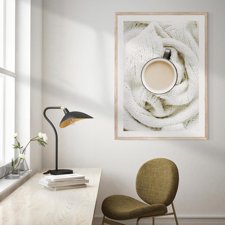 Plakat w ramie 30x40 - Kawa na Wełnianym Kocu - kawa, biały wełniany koc - rama drewno