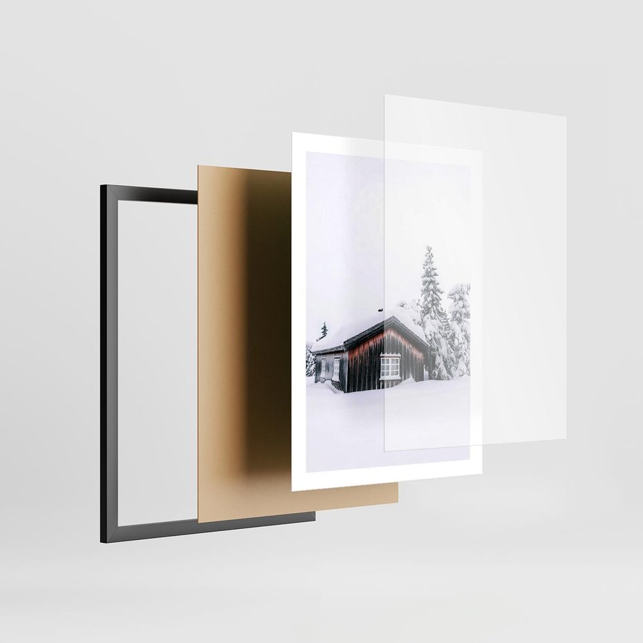 Plakat w ramie 50x70 - Zimowy Azyl: Domek w Górach - domek w górach, śnieg - rama czarna