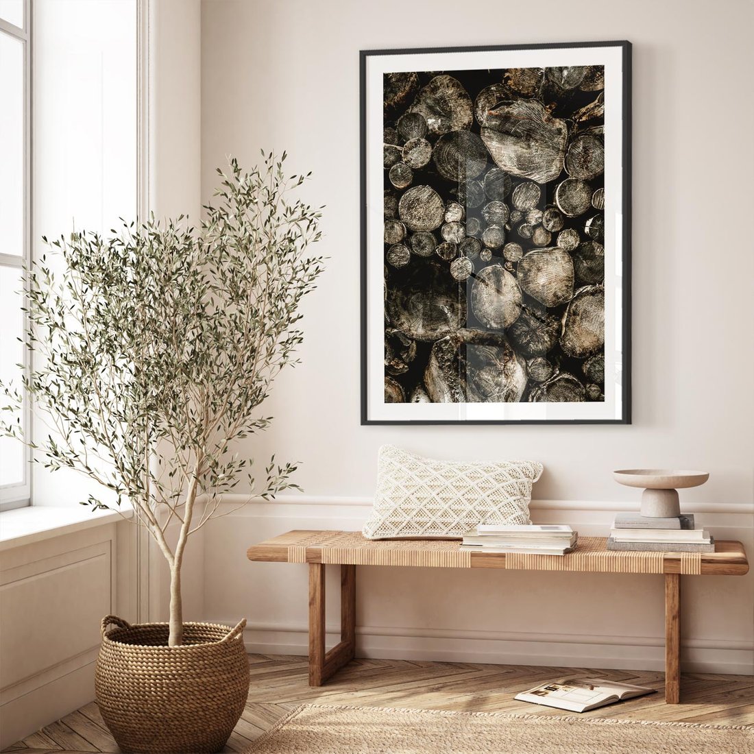 Plakat w ramie 50x70 - Stos Drewna - kłody drewna, pociete drweno - rama czarna