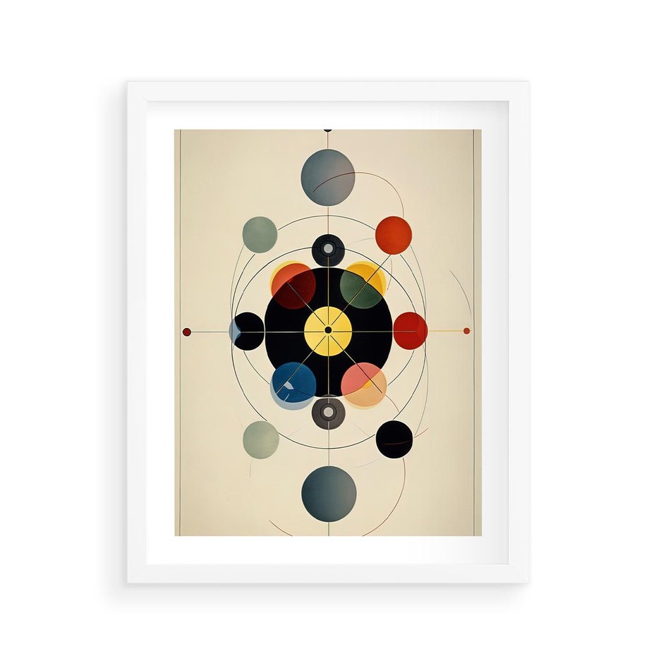 Plakat w ramie 40x50 - Bezgraniczny Taniec Światła - abstrakcyjna geometryczna kompozycja, koła linie - rama biała