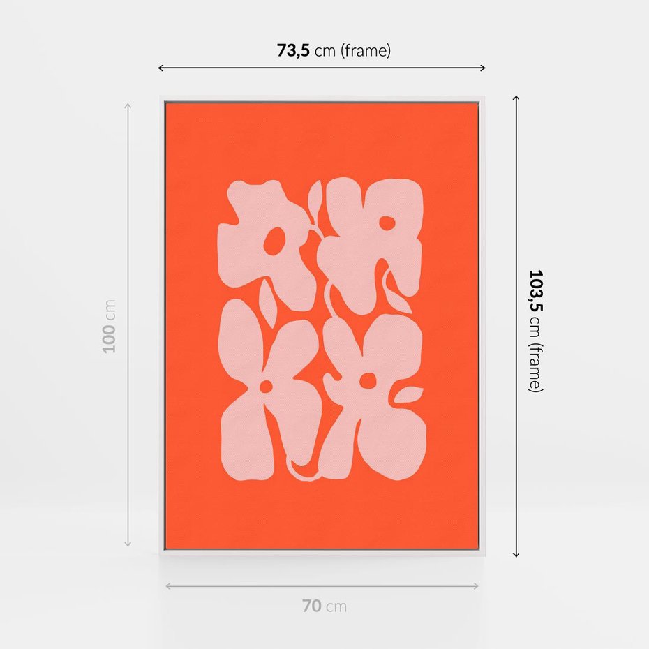 Obraz w ramie 70x100 - Taniec Abstrakcji - kwiaty, energetyczne pomarańczowe tłó - rama biała