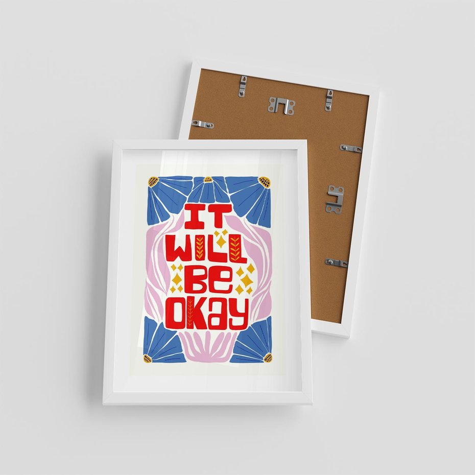 Plakat w ramie 30x40 - Kwiatowa Ekstaza - czerwona pozytywna typografia, kwiatowa kompozycja - rama biała