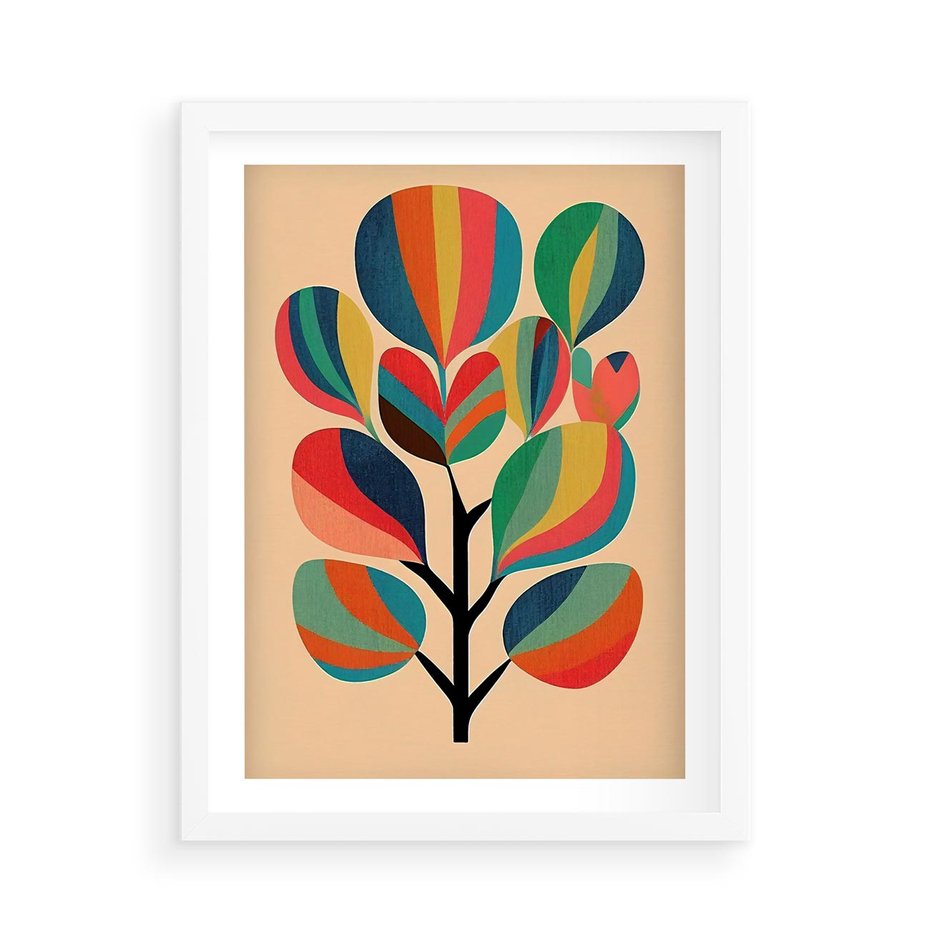 Plakat w ramie 50x70 - Harmonia Rozplątanych Form - abstrakcyjny kolorowy tęczowy obraz, inspiracje roślinne - rama biała