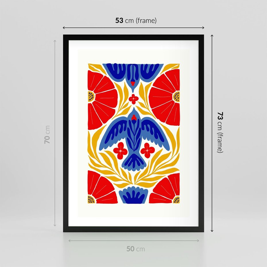 Plakat w ramie 50x70 - Eklektyczny Majestat - wyrazista grafika, mocne kolory czerwień niebieski żółty - rama czarna