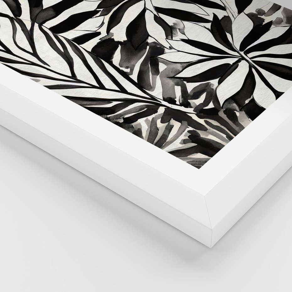 Plakat w ramie 50x70 - Czarne Liście - akwarelowy obraz, czarno biały - rama biała