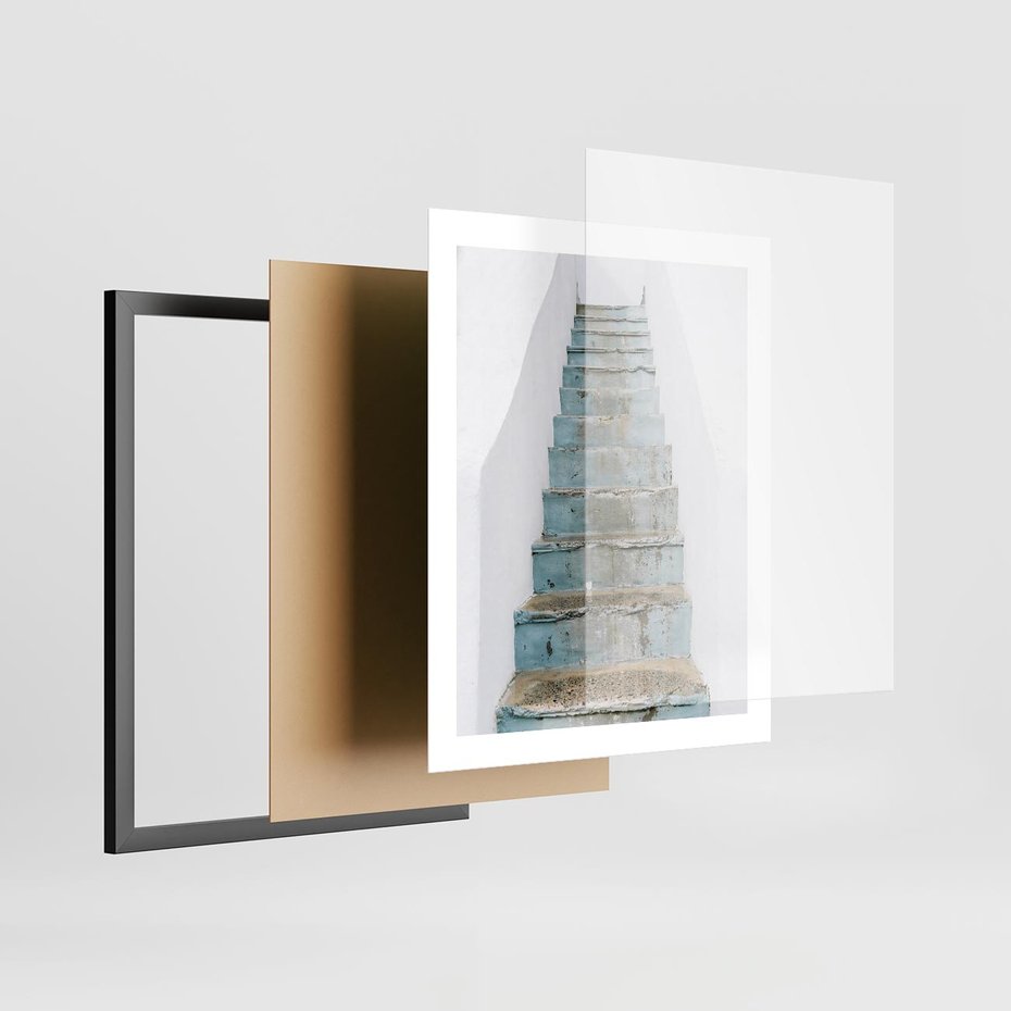 Plakat w ramie 40x50 - Niebieskie Schody Santorini - stare kamienne schody, niebieskie schody - rama czarna