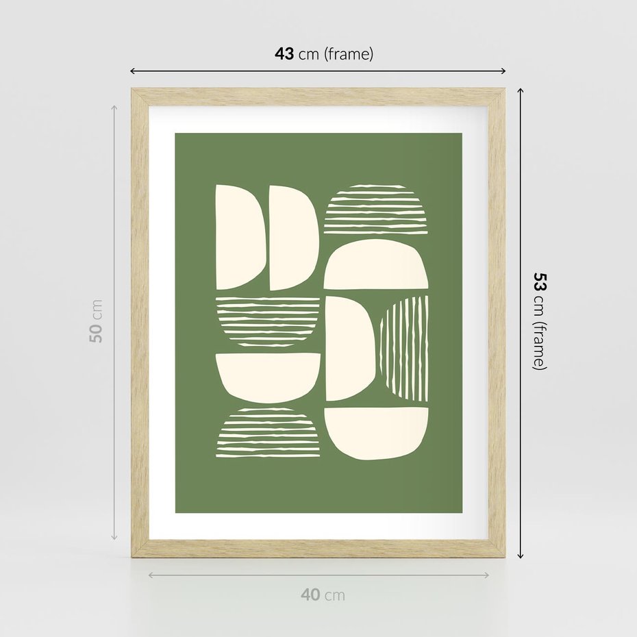 Plakat w ramie 40x50 - Migotliwe Formy - geometryczne boho kształty na brązowym, oliwkowym tle - rama drewno