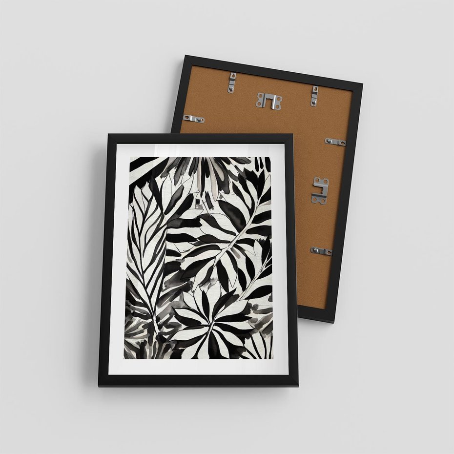 Plakat w ramie 30x40 - Czarne Liście - akwarelowy obraz, czarno biały - rama czarna