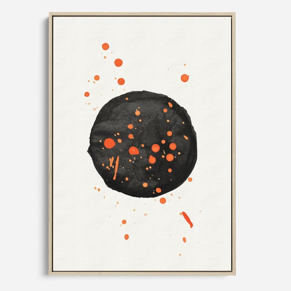 Obraz w ramie 50x70 - Impulsy Kreatywności - abstrakcyjna czarna plama, rozsiane pomarańczowe kropki - rama drewno