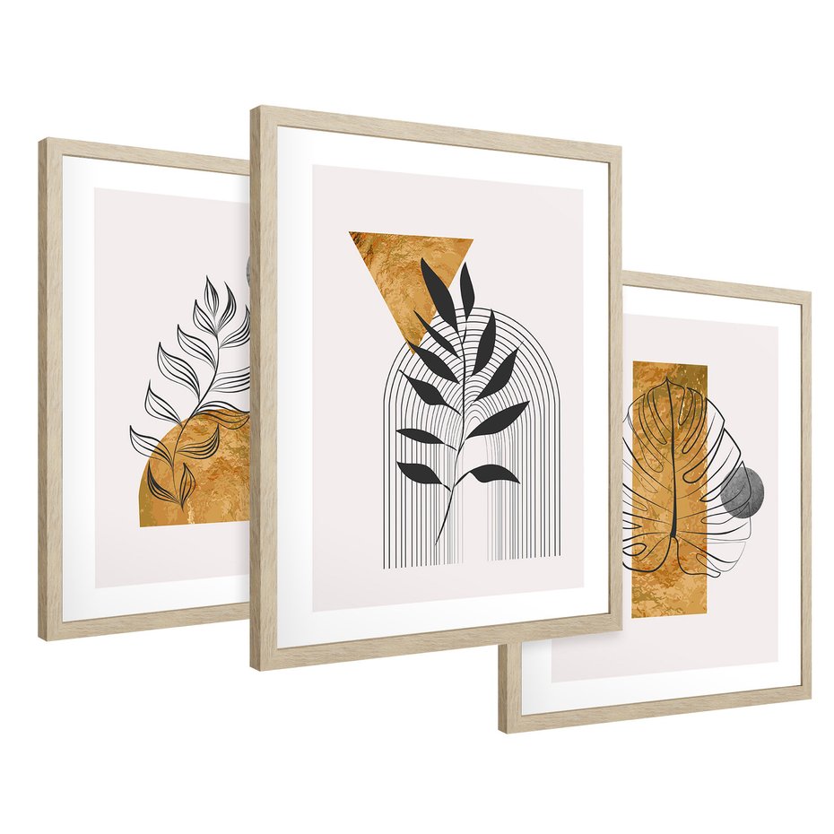 Zestaw obrazy w ramie 40x50 galeria - Złoto, liście, geometria - rama drewno