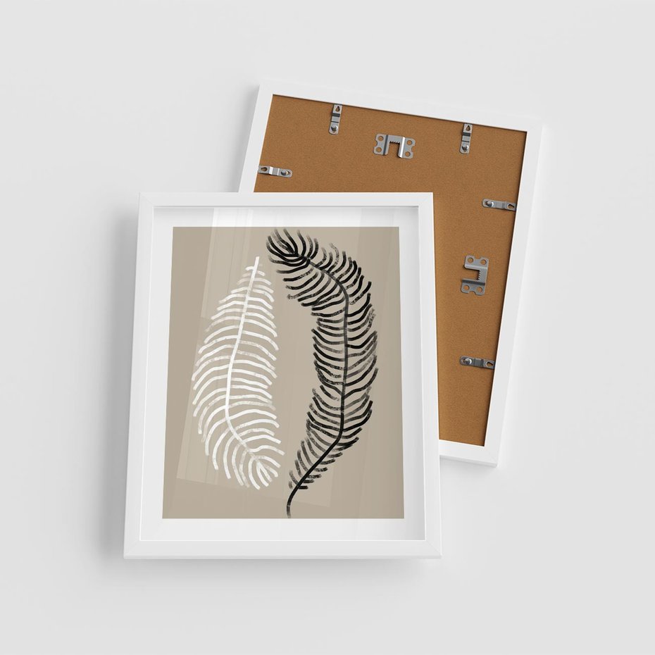 Plakat w ramie 40x50 - Spleciona Harmonia - sztuka nowoczesna, białe i czarne pióro - rama biała