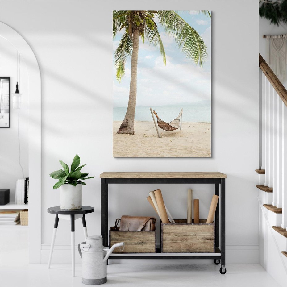 Obraz na płótnie 50x70 - Relaks na plaży - palma, hamak