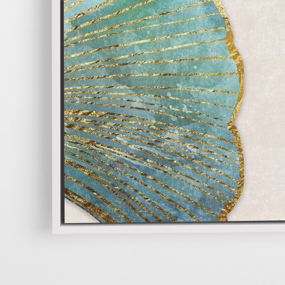 Obraz w ramie 70x100 - Złota Melodia Liści - złote, turkusowe liście miłorzębu - rama biała