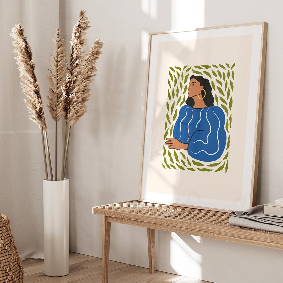 Plakat w ramie 40x50 - Rozbite Barwy - nowoczesny plakat, kobieta otoczona liśćmi - rama drewno