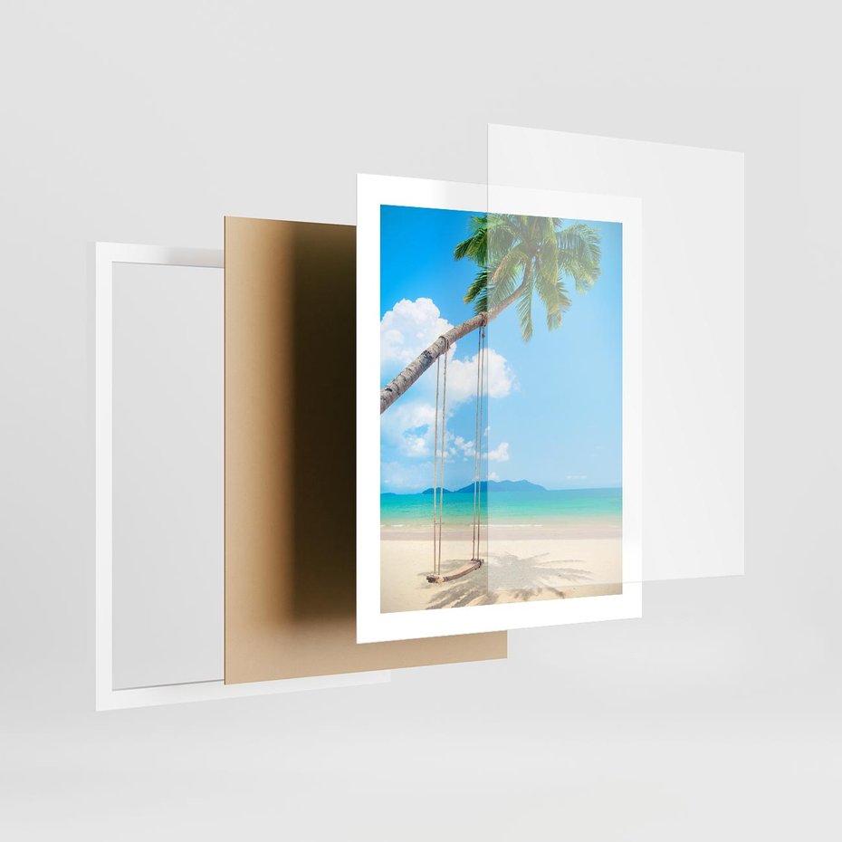 Plakat w ramie 40x50 - Hawajska palma i huśtawka na plaży - palma, huśtawka - rama biała