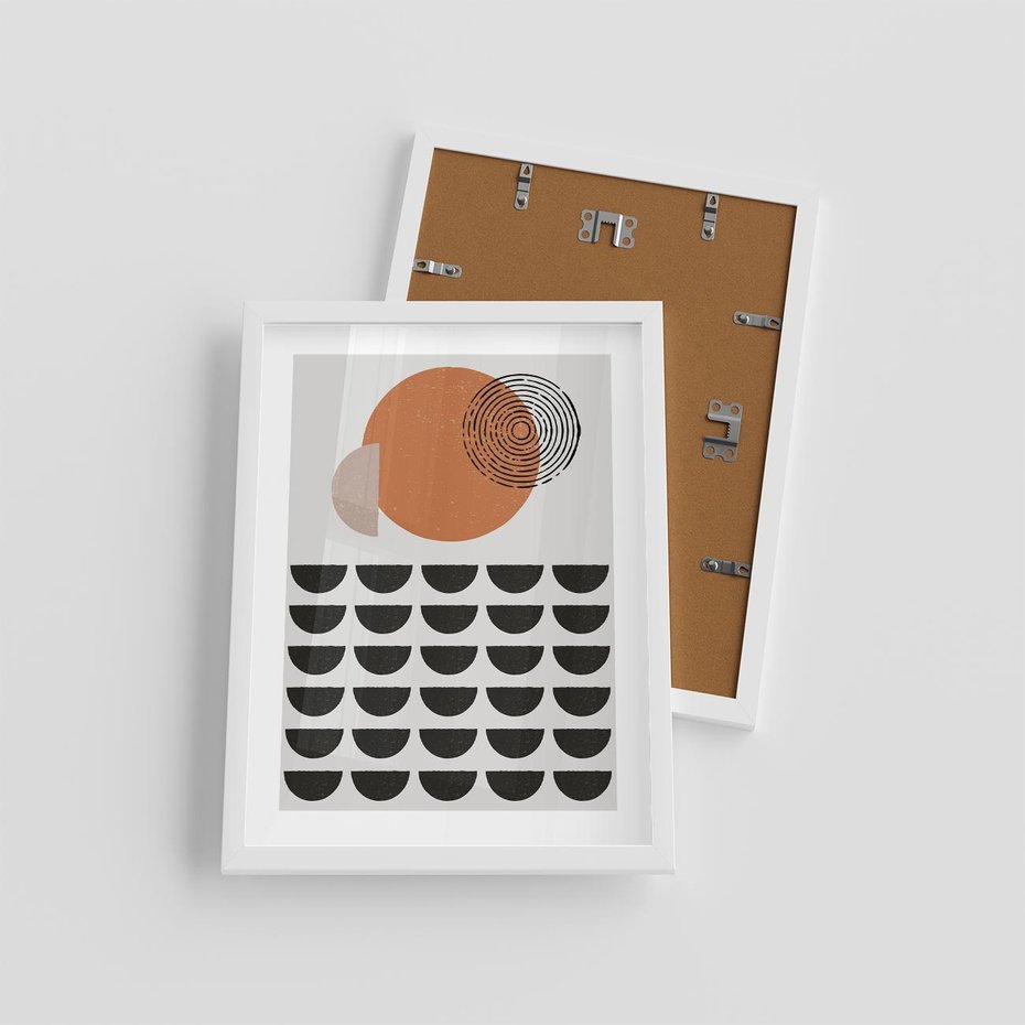 Plakat w ramie 30x40 - Geometryczna Ekspresja - geometryczny graficzny obraz, pomarańczowe koło - rama biała