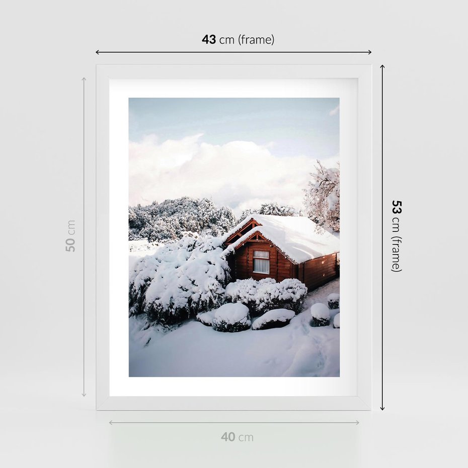 Plakat w ramie 40x50 - Zimowa Idylla w Górach - zima w górach, ośnieżone góry - rama biała
