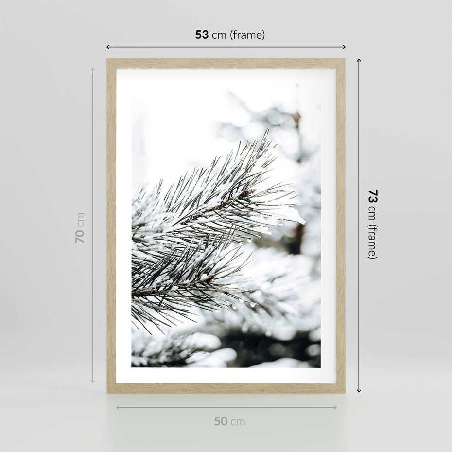 Plakat w ramie 50x70 - Chwila Zimowej Magii - iglasta gałązka, śnieg - rama drewno