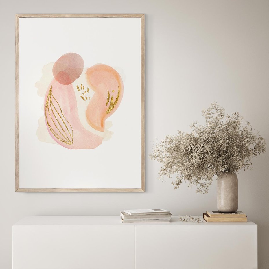 Plakat w ramie 30x40 - Impresje Przenikających Form - abstrakcyjne akwarelowe plamy, minimalizm - rama drewno