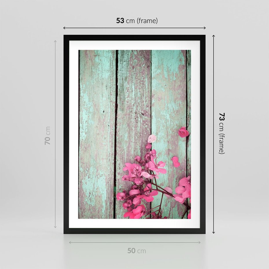 Plakat w ramie 50x70 - Urok Dawnych Czasów - kwiaty, deski - rama czarna