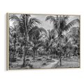 Obraz w ramie 100x70 - Mroczna Ścieżka Tropików - czarno biała fotografia, ścieżka pośród palm - rama drewno