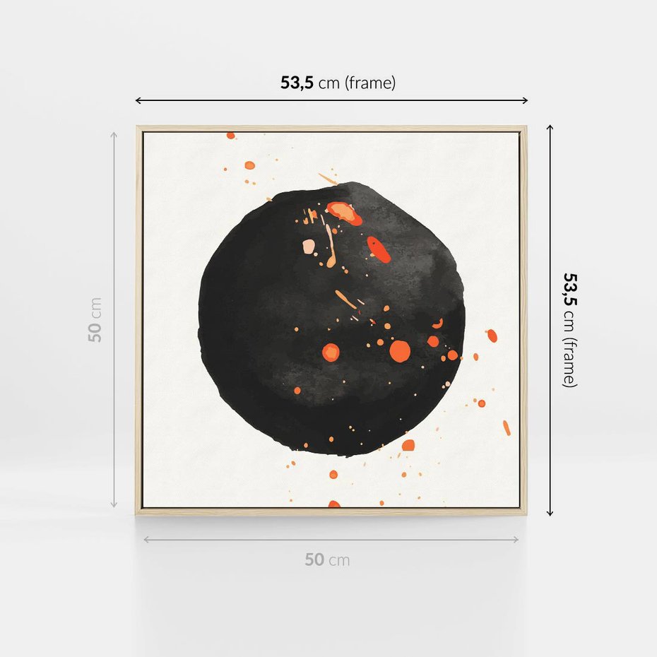 Obraz w ramie 50x50 - Wnętrza Marzeń - abstrakcyjna czarna plama, rozsiane pomarańczowe kropki - rama drewno