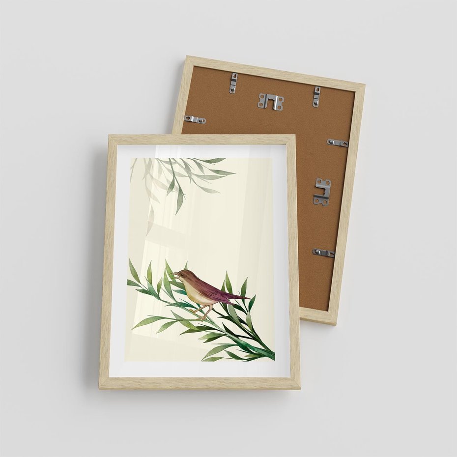 Plakat w ramie 30x40 - Roślinne Nastroje - japońska sztuka, ptak - rama drewno