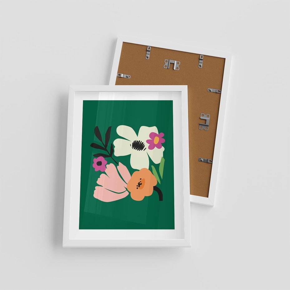 Plakat w ramie 30x40 - Rozbijające Echa - abstrakcyjne kwiaty, zielone tło - rama biała