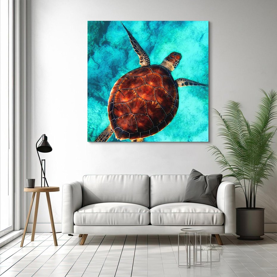 Obraz na płótnie 40x40 - Morze, fale i skały - żółw, morze