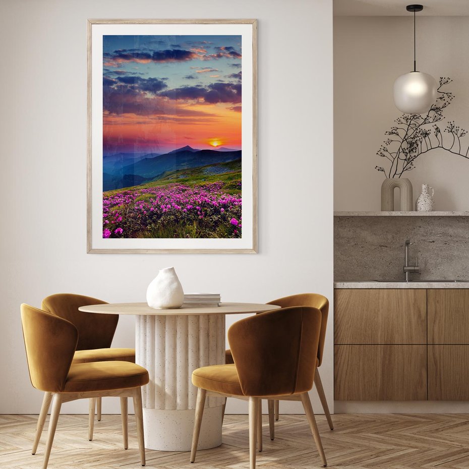 Plakat w ramie 30x40 - Górski Zachód - góry, łąka - rama drewno